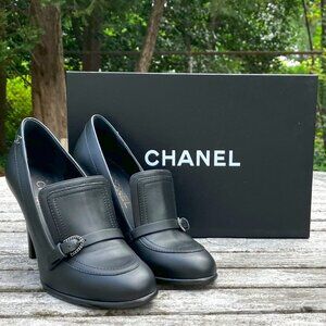 💯Authentic CHANEL Black Leather Heels Pumps - Size 37.5